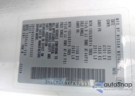 2015 Nissan Nv200 Sv z USA, uszkodzony, nr VIN 3N6CM0KNXFK723332